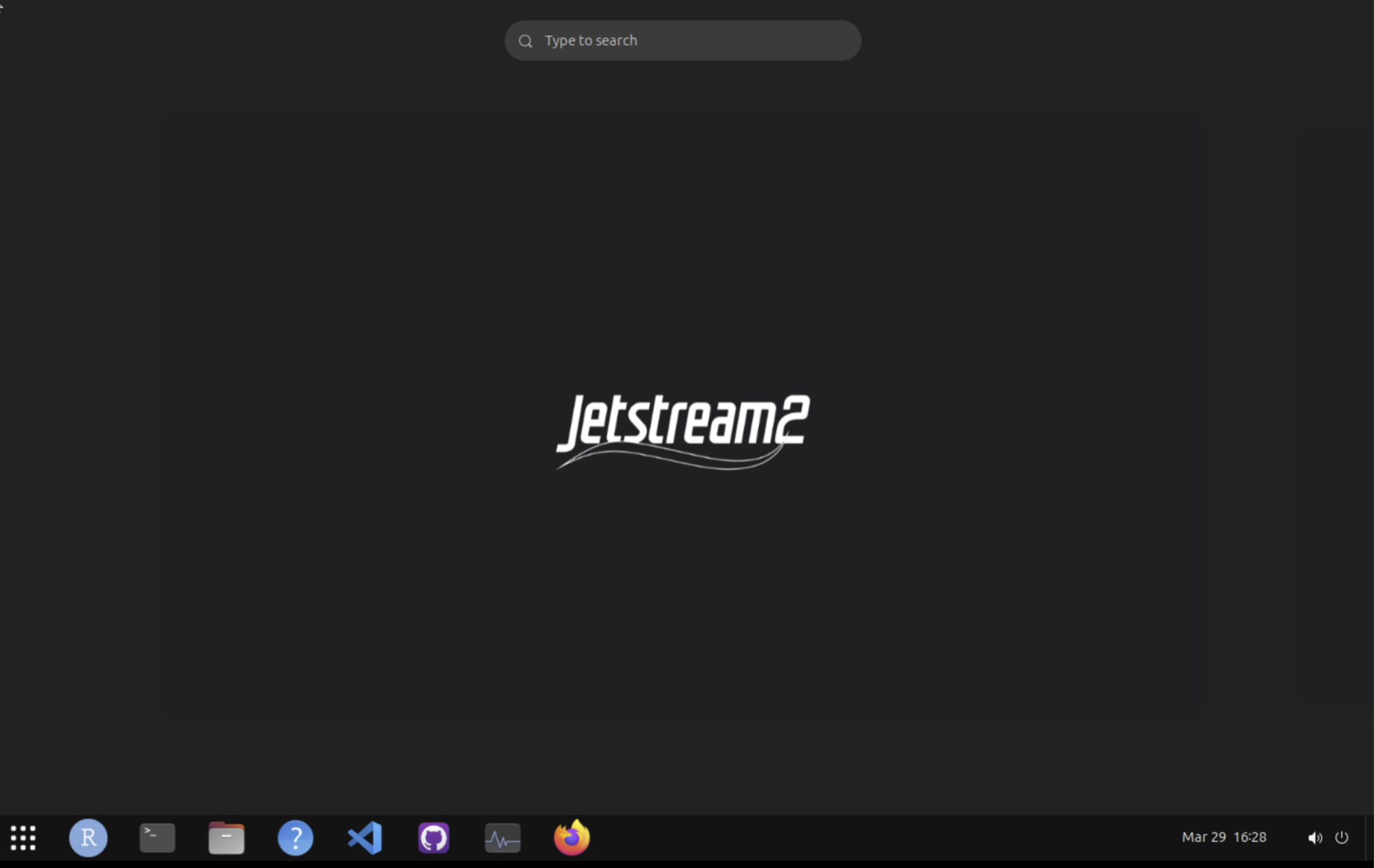 Ubuntu desktop displaying the Jetstream2 logo in the center with a taskbar at the bottom containing application icons